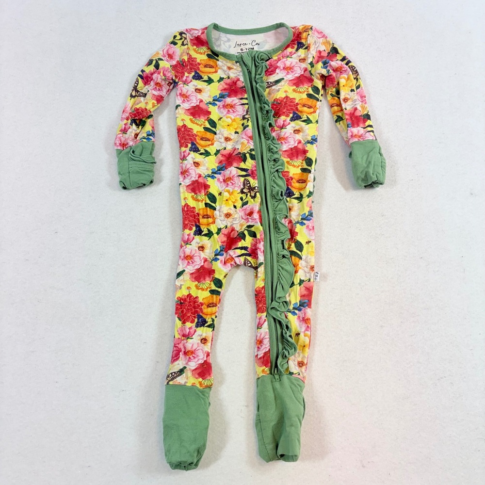 Laree + Co Zippy Sleeper Girls 6-12M Yellow Floral Ruffle Bamboo Footie Pjs